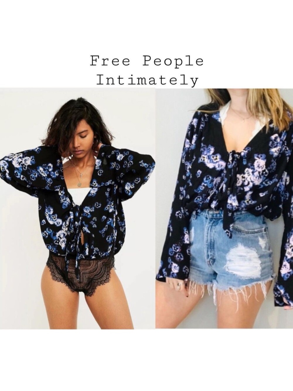 Free People Black Floral Tie-Front Top with Blue and White Blossoms